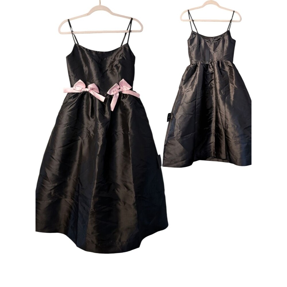Lulus Black Taffeta Midi Dress pink Bows & Pockets Coquette retro size Small